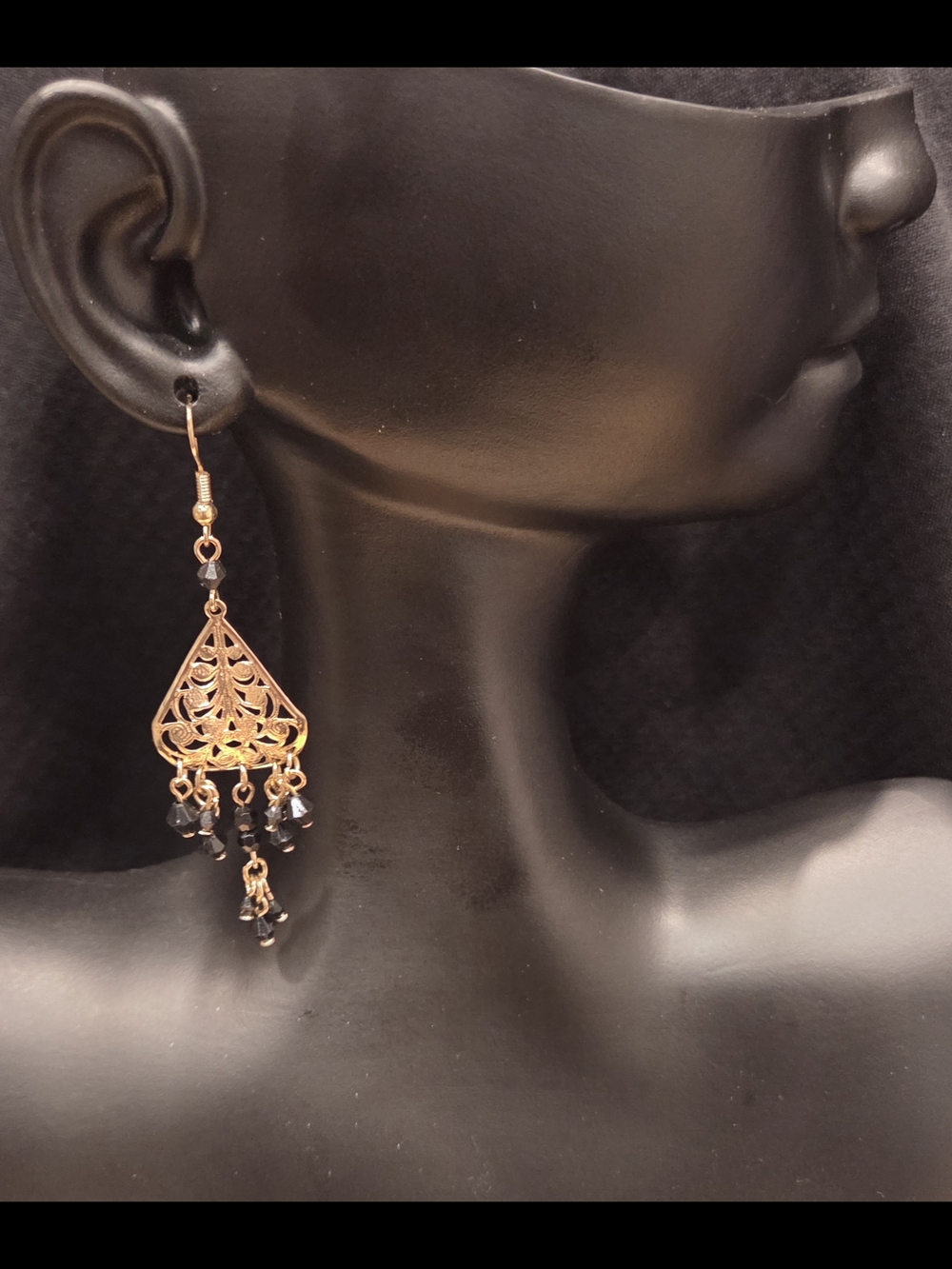 Gold Filigree Teardrop Dangle Earrings with Black Beads